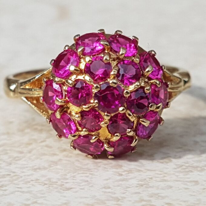 Sale – Synthetic Pink Ruby Sapphire Cluster 9ct Gold Ring, a UK N or a US 7.
