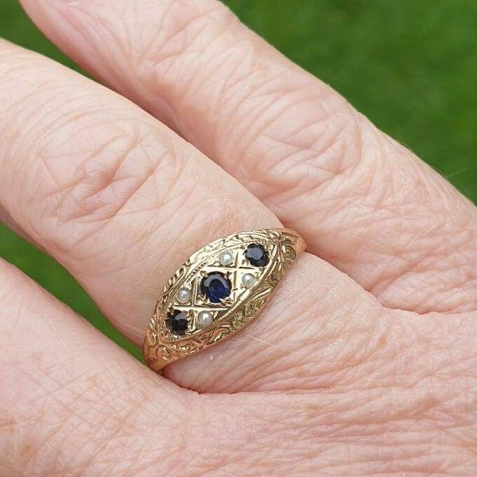 Sapphire and Seed Pearl Gypsy Ring in 9ct Gold, a UK N or a US 7