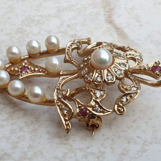 RESERVED – Pearl, Diamond and Ruby Brooch and Pendant in 9ct gold