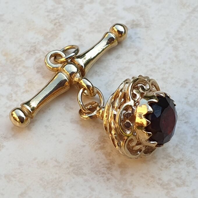 Albert or T Bar Fob Pendant with Garnet Chatm in 9ct Gold