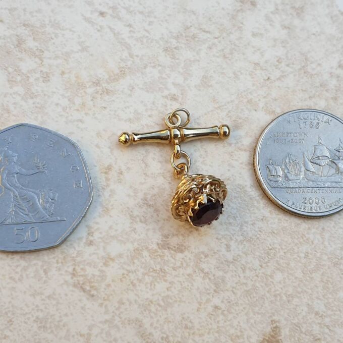 Albert or T Bar Fob Pendant with Garnet Chatm in 9ct Gold
