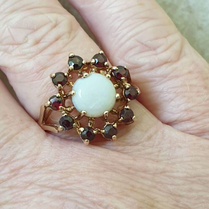 Opal and Garnet Halo Cluster Ring in 9ct Gold.