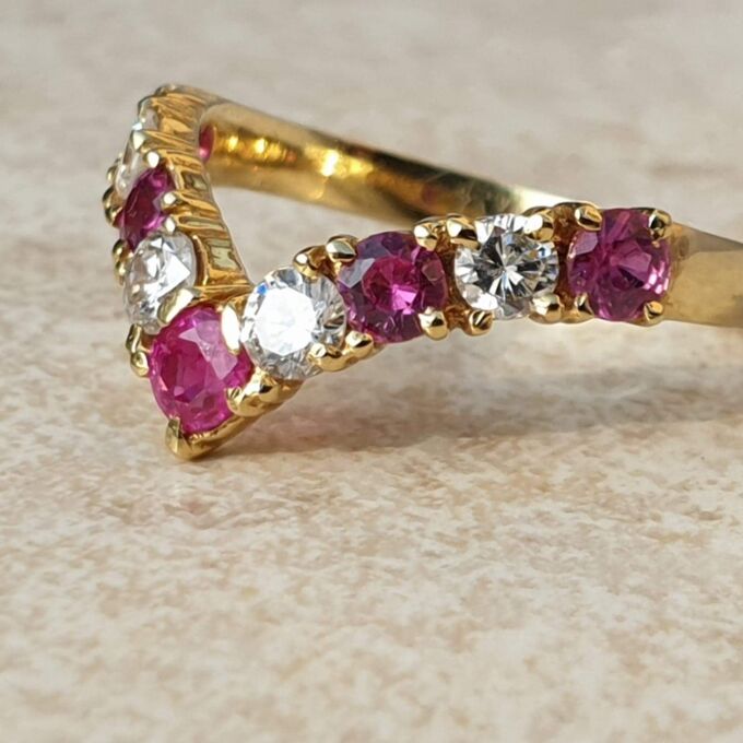 Ruby and Diamond Chevron Ring in 18ct Gold,  a UK M 1/2 or a US 6 3/4.