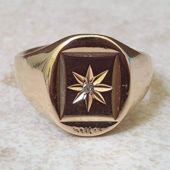 Heavy Oval Diamond Set Signet in 9ct Gold.