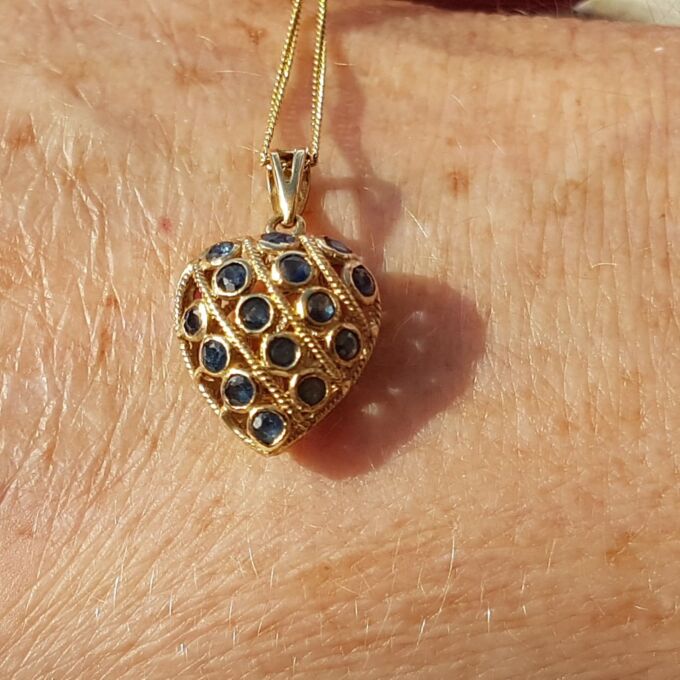 Two Sided Reversible Ruby and Sapphire Heart Pendant and Chain in 9ct Gold