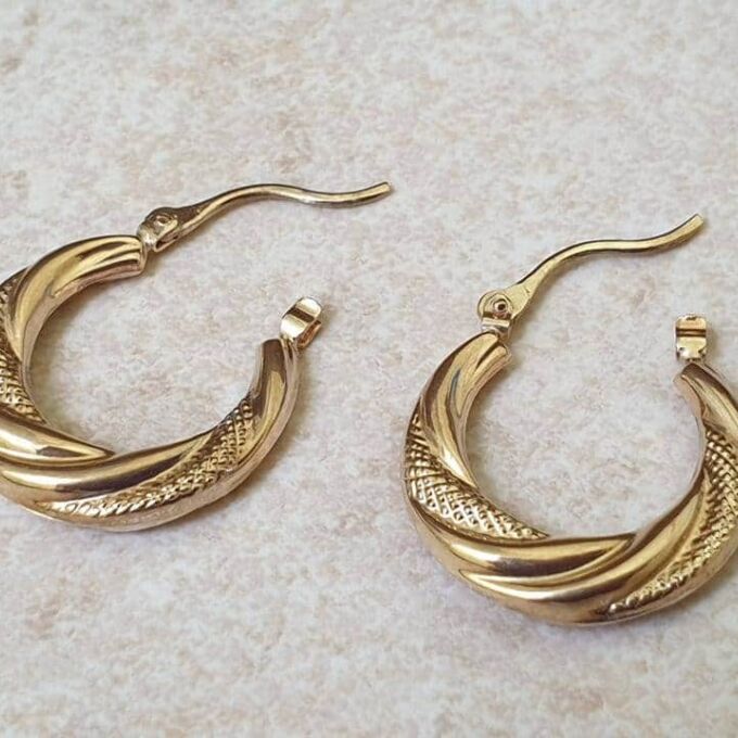 Patterned Hoop Creole Earrings in 9ct Gold