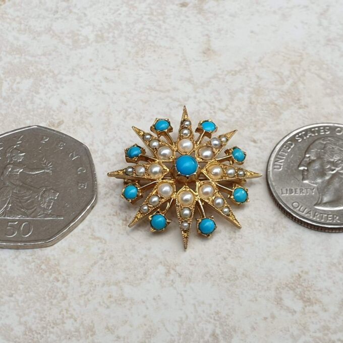Turquoise and Pearl Star Snowflake Brooch and Pendant in 9ct Gold