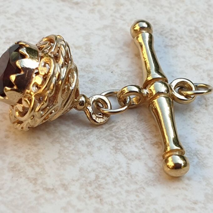 Albert or T Bar Fob Pendant with Garnet Chatm in 9ct Gold