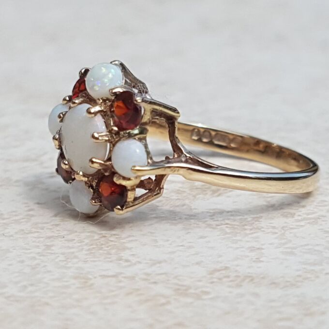 Opal and Garnet Cluster Ring in 9ct Yellow Gold, a UK J or a US 5.