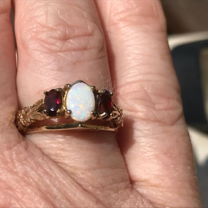 Sale – Ornate Opal and Garnet 9ct Gold Ring, a UK L 1/2 or a US 6 1/4.