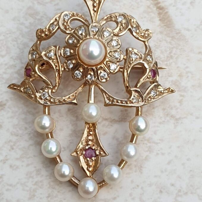 RESERVED – Pearl, Diamond and Ruby Brooch and Pendant in 9ct gold