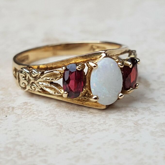Sale – Ornate Opal and Garnet 9ct Gold Ring, a UK L 1/2 or a US 6 1/4.