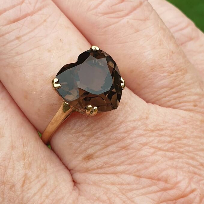 Romantic Heart Cut Smoky Quartz Ring in 9ct Gold, a UK P 1/2 or a US 8 1/4.