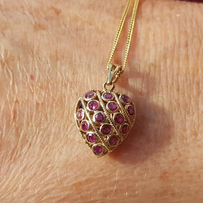 Two Sided Reversible Ruby and Sapphire Heart Pendant and Chain in 9ct Gold