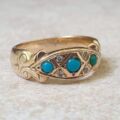 Three Stone Turquoise and Diamond Ring in 9ct Gold.