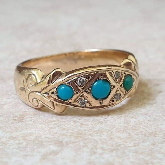 Three Stone Turquoise and Diamond Ring in 9ct Gold.