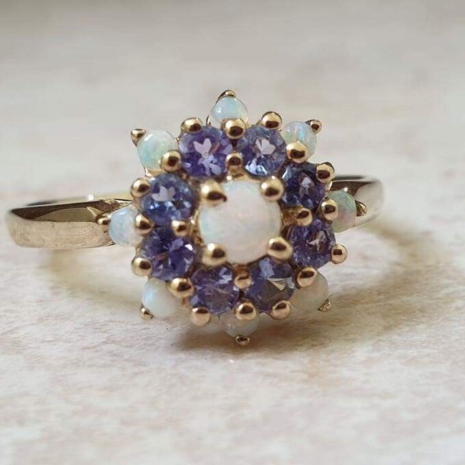 Opal and Tanzanite Cluster Ring in 9ct Gold,  a UK T 1/2 or a US 10.