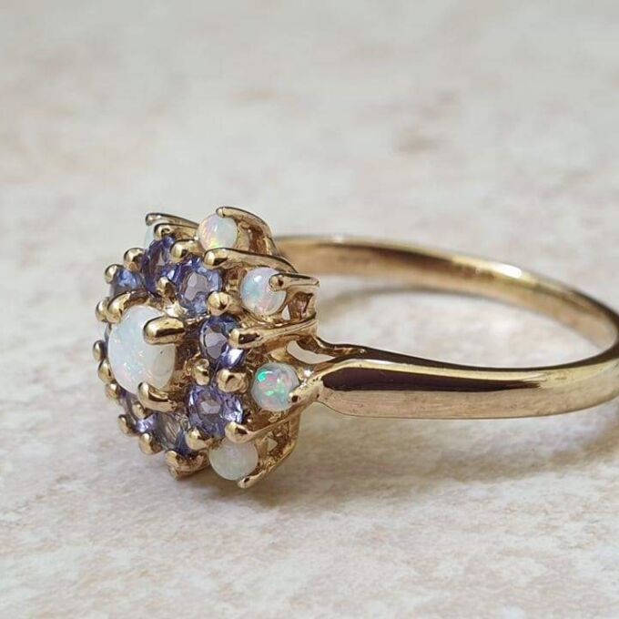 Opal and Tanzanite Cluster Ring in 9ct Gold,  a UK T 1/2 or a US 10.