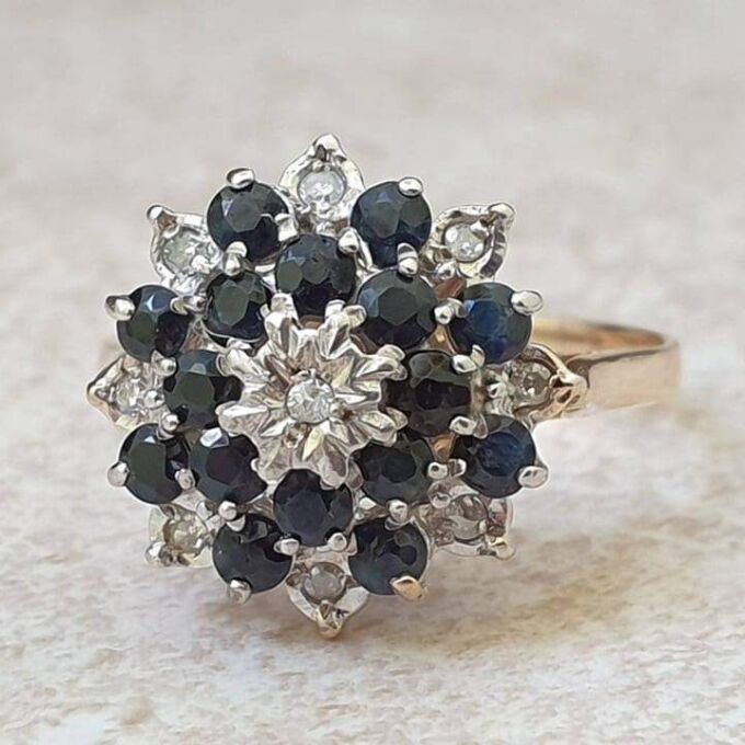 Sapphire and Diamond Cluster Ring in 9ct Gold, a UK O or  US 7 1/2