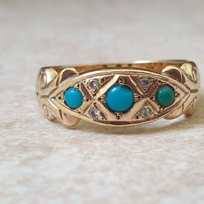 Three Stone Turquoise and Diamond Ring in 9ct Gold.