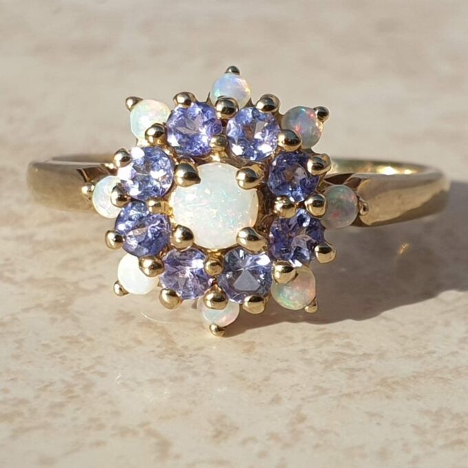 Opal and Tanzanite Cluster Ring in 9ct Gold,  a UK T 1/2 or a US 10.
