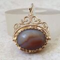 Tigers Eye and Agate Ornate Spinner Fob Pendant in 9ct Gold