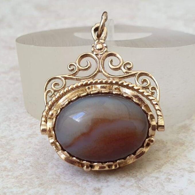 Tigers Eye and Agate Ornate Spinner Fob Pendant in 9ct Gold