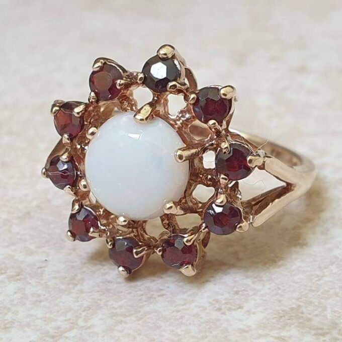 Opal and Garnet Halo Cluster Ring in 9ct Gold. - Gems Afire - Vintage ...