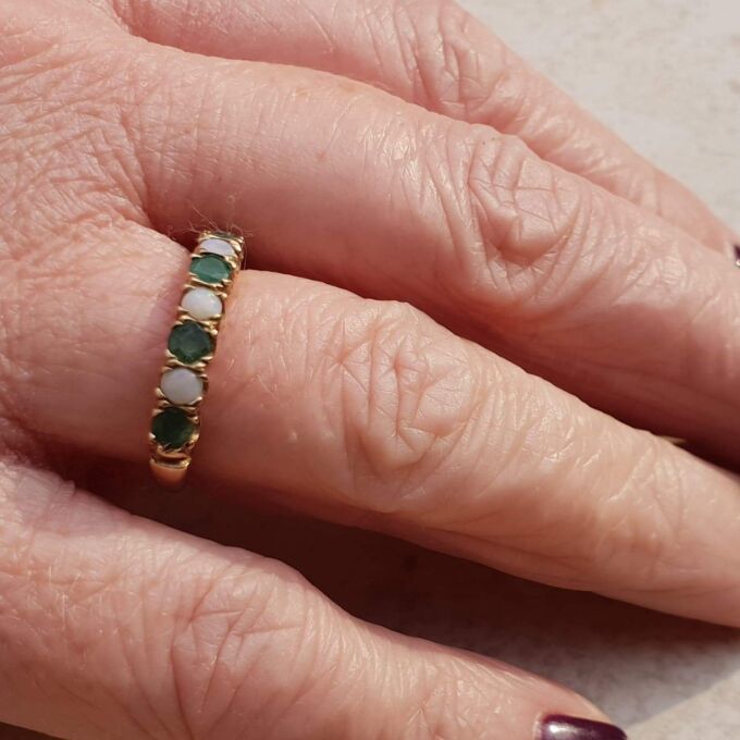 Opal and Green Stone Stacking Band in 9ct Gold, a UK N 1/2 or a US 7 1/4.