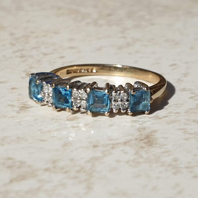 Bright Swiss Blue Topaz and Diamond Band in 9ct Gold, a UK J 1/2 or a US 5 1/4.