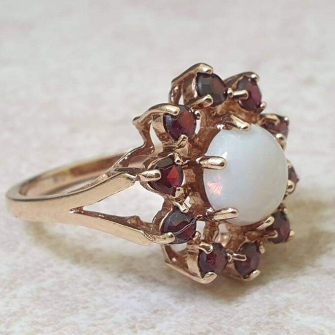 Opal and Garnet Halo Cluster Ring in 9ct Gold. - Gems Afire - Vintage ...