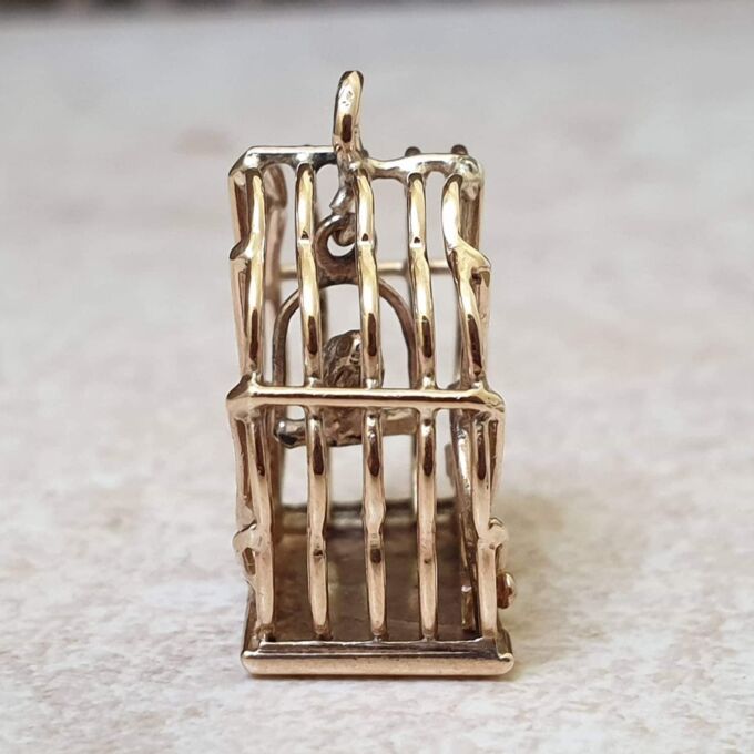Bird in Birdcage Charm Pendant in 9ct Gold
