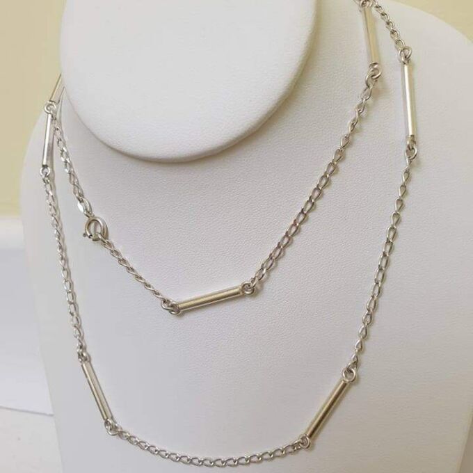 Long Length Italian Silver Bar and Link Chain Necklace, 33 inches.
