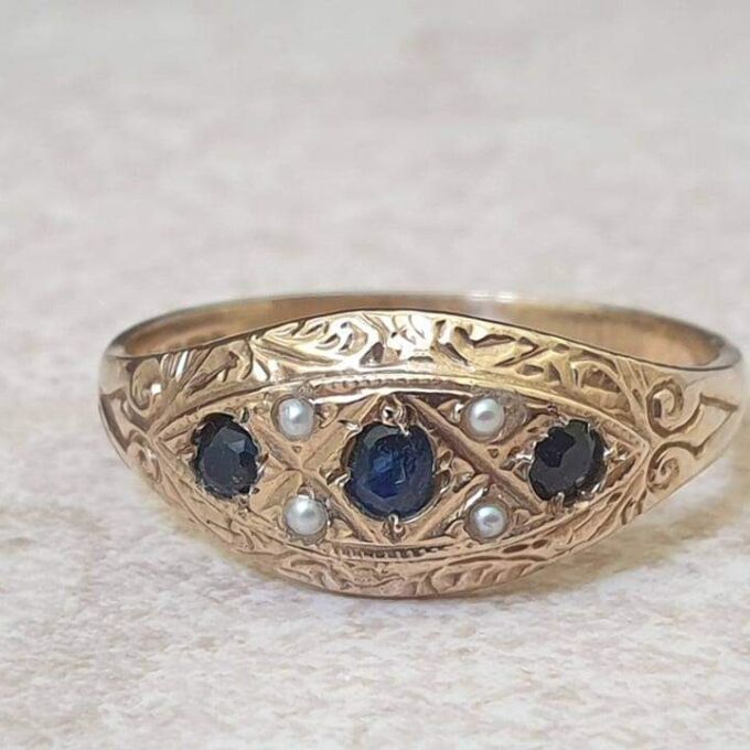 Sapphire and Seed Pearl Gypsy Ring in 9ct Gold, a UK N or a US 7