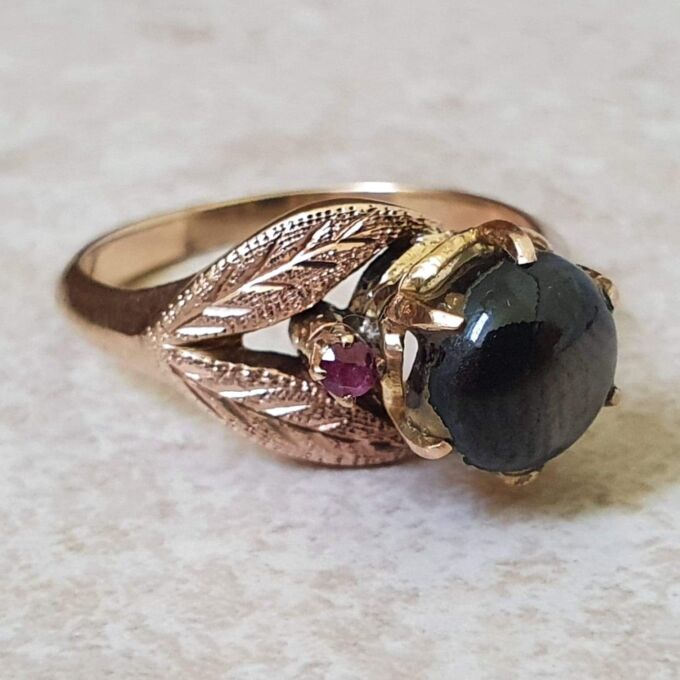 Black Synthetic Sapphire Ring with Ruby in 9ct Gold.