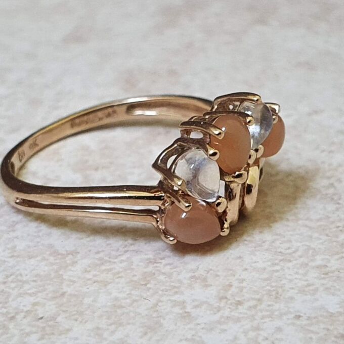 Rainbow and Peach Moonstone Ring in 9ct Gold.