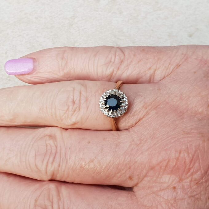 Sapphire and Diamond Halo ring in 18ct Gold and Platinum, a UK M or a US 6 1/2.