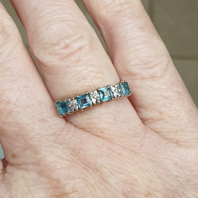 Bright Swiss Blue Topaz and Diamond Band in 9ct Gold, a UK J 1/2 or a US 5 1/4.