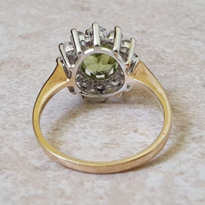 Peridot Green and White Cluster Ring in 9ct Gold.