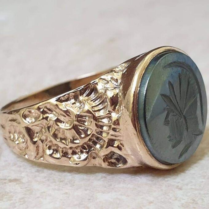 Hematite Intaglio Centurion Signet Ring in 9ct Gold.
