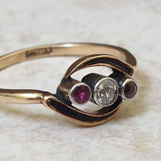Ruby & Diamond Trilogy Crossover Bypass Ring in 18ct Gold.