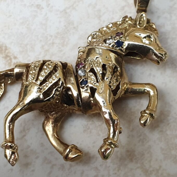 Horse or Pony Pendant with Rubies and Sapphires in 9ct Gold