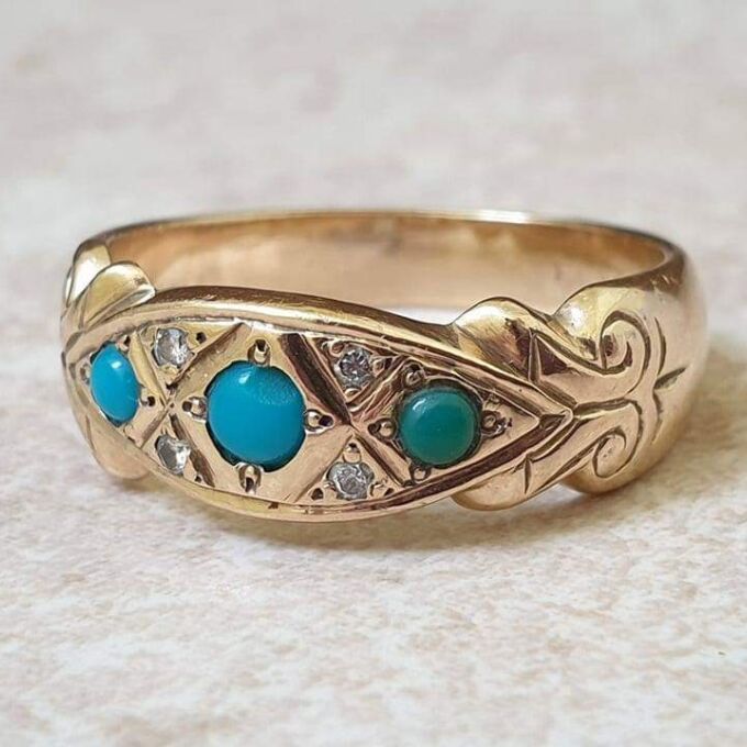 Three Stone Turquoise and Diamond Ring in 9ct Gold.