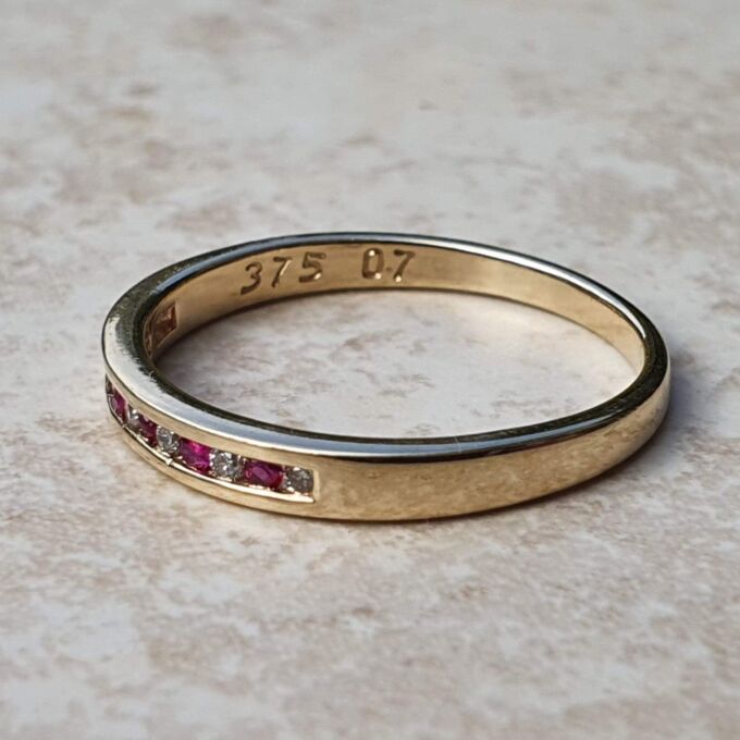 Channel Set Ruby and Diamond Narrow Band in 9ct Gold.