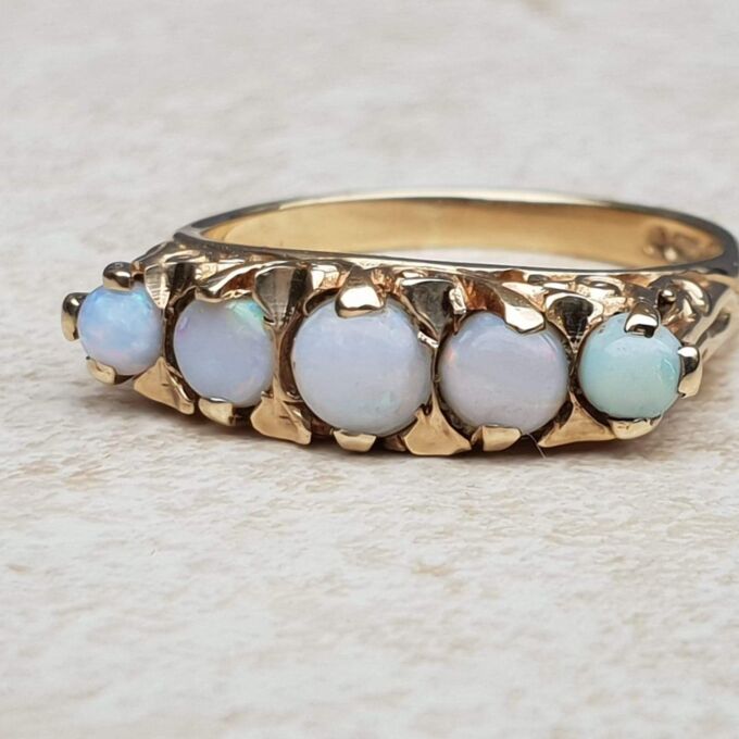 Five Stone Vintage Opal Ring in 9ct Yellow Gold, a UK N or a US 6 3/4 – 7.
