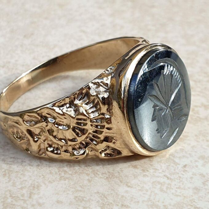 Hematite Intaglio Centurion Signet Ring in 9ct Gold.