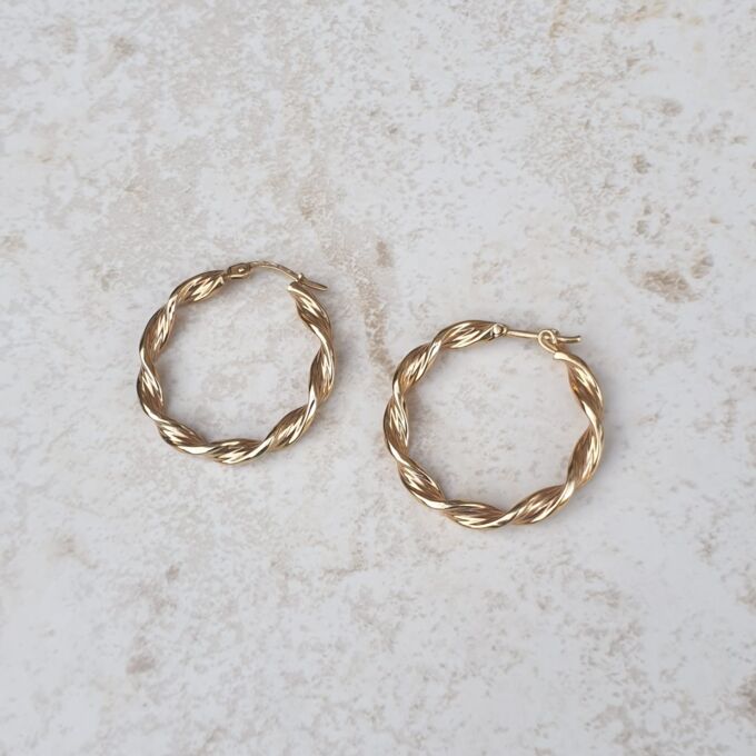Twisted Rope Effect Hoop Earrings in 9ct Gold by Unoaerre.