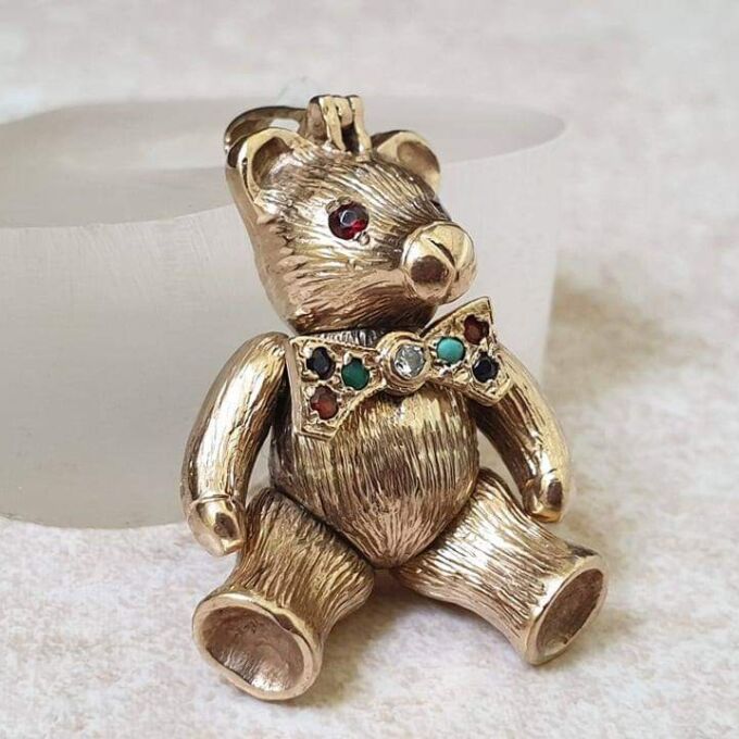 Heavy Articulated Teddy Bear with Dickie Bow in 9ct Gold - Gems Afire ...