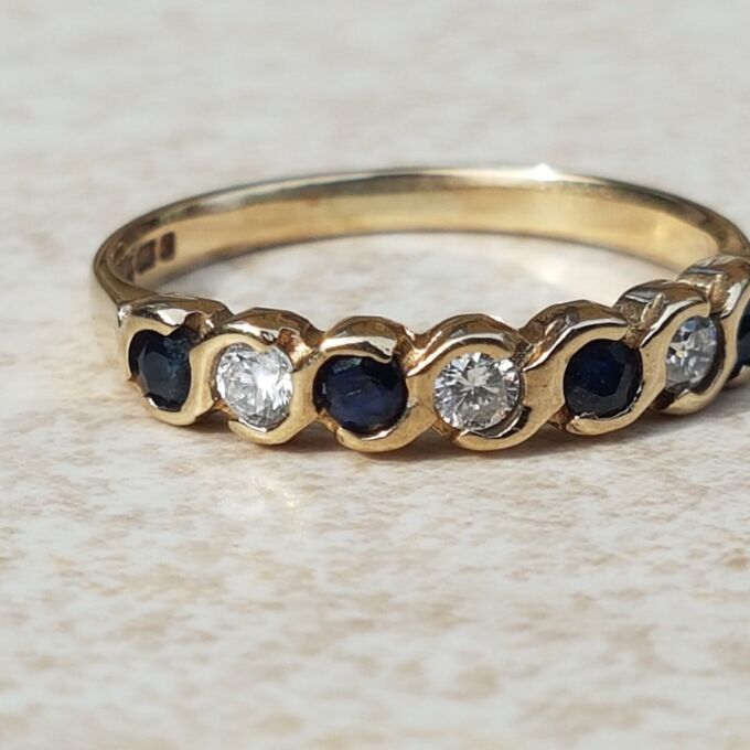 RESERVED – Sapphire and Diamond 9ct Gold Band, a UK K – K 1/2 or a US 5 3/4.