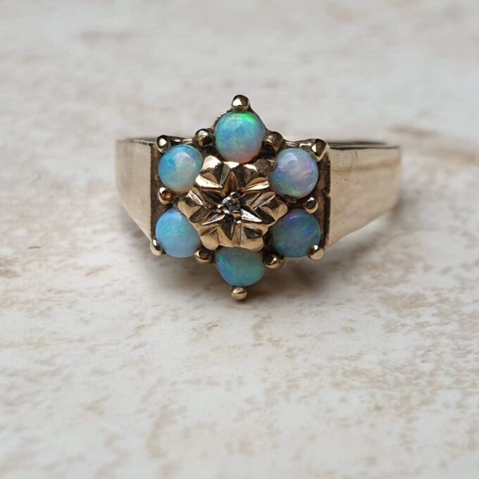 Opal and Diamond Cluster Ring in 9ct Yellow Gold, a UK M or a US 6 1/4.